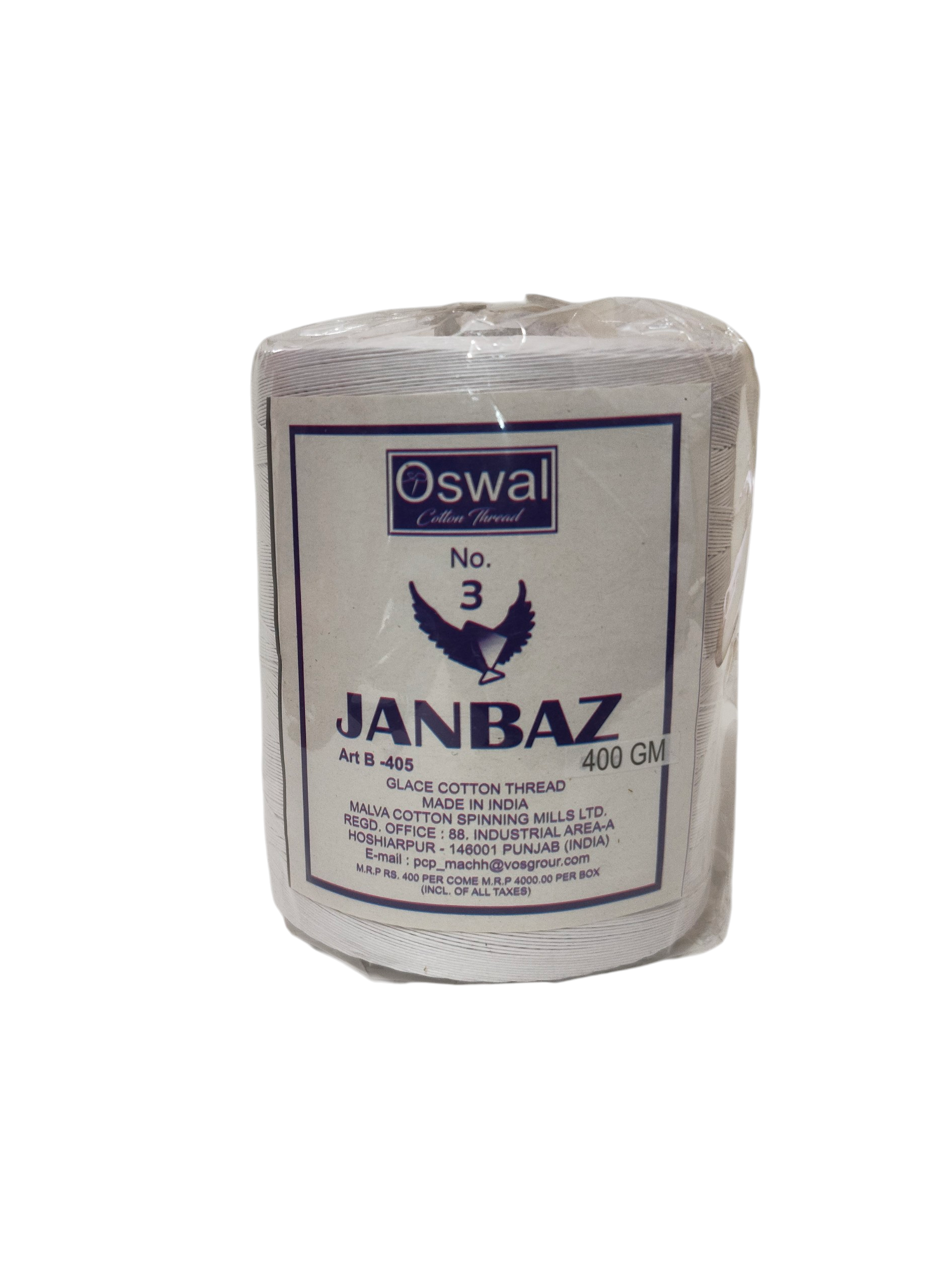 3NO. 400 gram Oswal Janbaaz glace white cotton thread